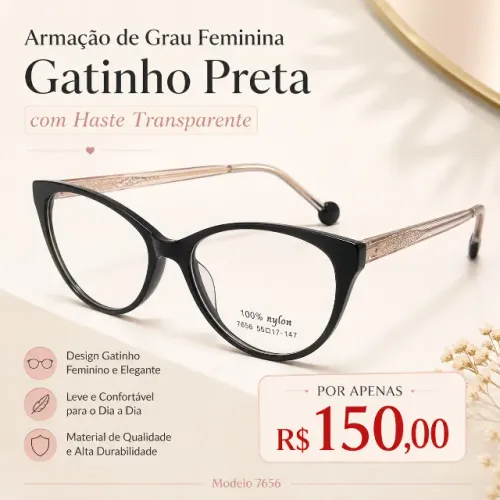 Armação de Grau Feminina Gatinho Preta com Haste Transparente