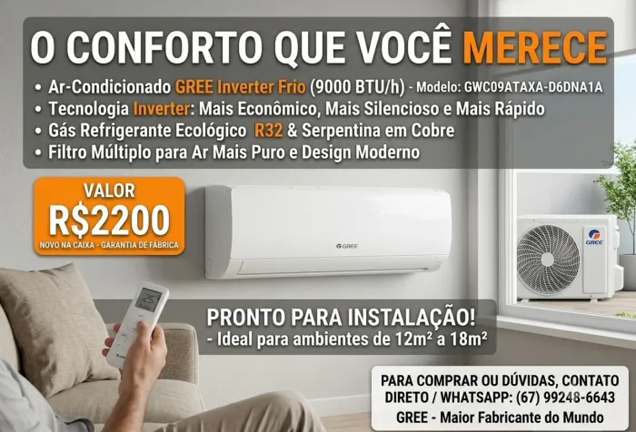 Ar-Condicionado Gree Inverter 9000 BTUs Frio - Novo na Caixa
