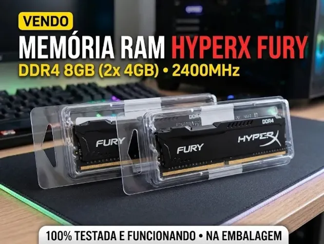 Kit Memória RAM HyperX Fury DDR4 8GB (2x 4GB) 2400MHz