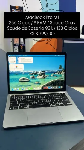 Seminovo: MacBook Pro M1256GB/ 8GB RAM / Space Gray / Saude de Bateria 93% 133 Ciclos