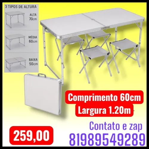 Mesa Dobrável 120x60 Camping Praia Com 4 Bancos Portátil