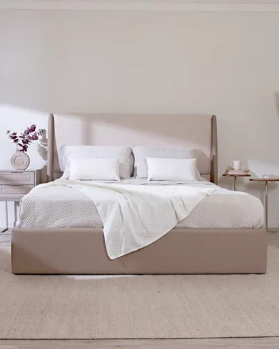 Cama EstofadaCom Cabeceira Aurora - Linho Texturizado Cinza