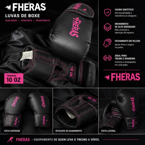Luva de Boxe Fheras 10 OZ - Preta/Rosa - Praticamente Nova