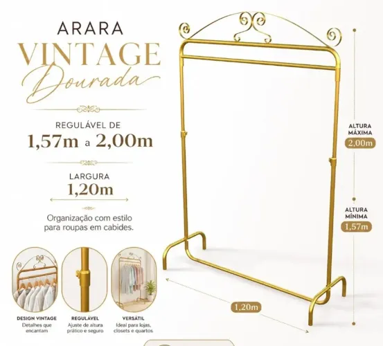 Arara de roupas Vintage retrô dourada para closet ou loja 