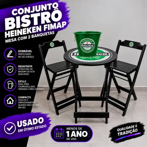 Conjunto Bistrô Heineken FIMAP Usado + 2 Cadeiras e Balde Grátis - Menos de 1 Ano de Uso
