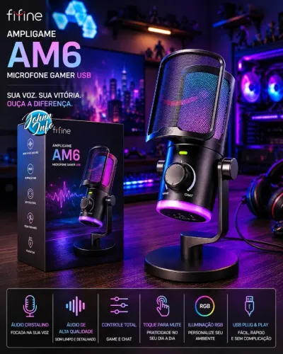 Microfone Gamer Fifine AmpliGame AM6, Condensador, RGB, USB, Compatível com PC/PS4/PS5