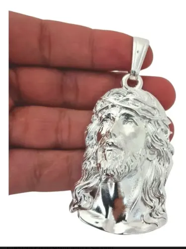 Pingente face de Jesus grande, banhada a prata pura