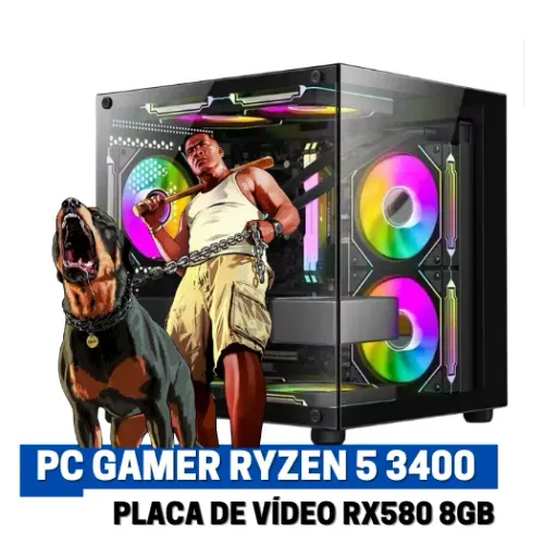 PC Gamer, AMD Ryzen 5 3400, Placa de Vídeo RX580 8GB, 16GB DDR4, SSD 480GB
