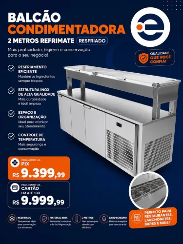 Balcão Condimentadora refrigerada 2,00m inox nova com garantia 