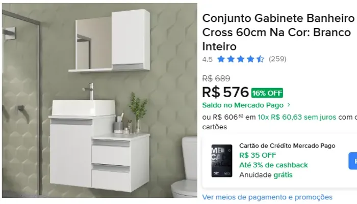 Conjunto Gabinete Banheiro Cross 60cm GABINETE + CUBA + ESPELHEIRA