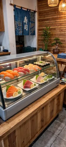 Vitrine refrigerada para sushi,sashimis e frios vidro curvo e toda iluminada em led