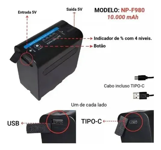 Bateria Np-f980 de 10000maH  com USB e USB tipo C