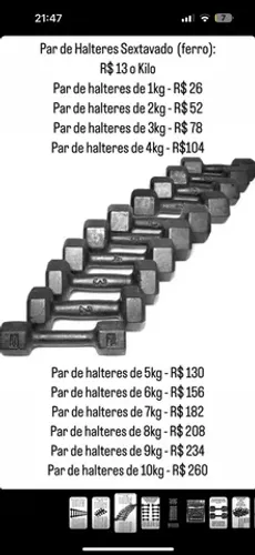 Par de Halteres Sextavado (ferro): R$ 13 o KG 