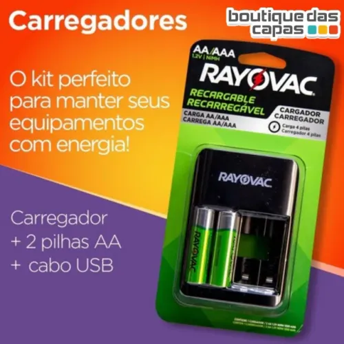 Carregador USB para AA AAA com 02 Pilha AA 1350mAh Rayovac Recarregavel 2A