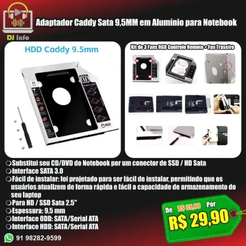 Adaptador Caddy Sata 9,5MM em Alumínio para Notebook