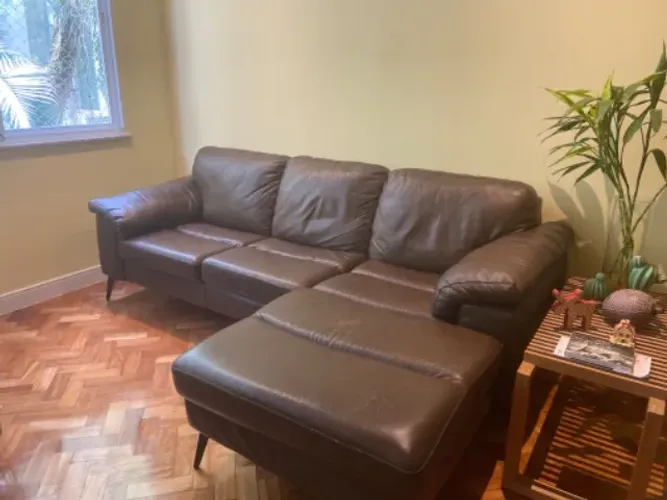 Sofá de 3 lugares em couro original, marrom, com chaise