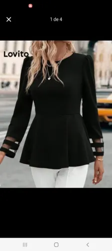 Blusa Preta de manga longa casual com costura em tecido liso, TAMANHO G