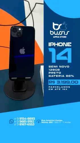 iPhone 14  128GB Preto Saúde de bateria 86% R$ 3.199,00 | Loja Física |