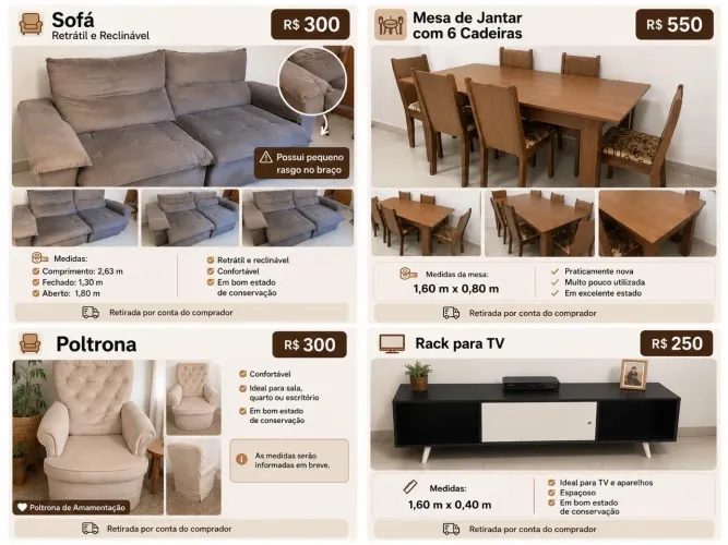 Móveis pós mudança, sofá, rack, mesa nova e uma poltrona de amamentação