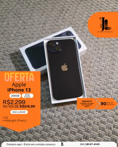 IPHONE 13, 5G, 256GB, PRETO, CHIP FÍSICO, SEMINOVO, EXCLUSIVO!