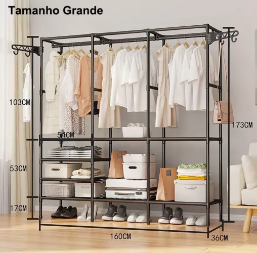 Arara de Roupas Grande Mini Closet 160cm com Prateleiras - Nova