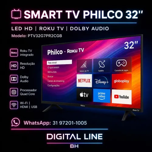 TV Philco 32?' ROKU TV PTV32G7PR2CGB LED borda infinita