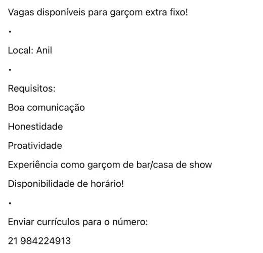 Vaga pra homens! Extra fixo!