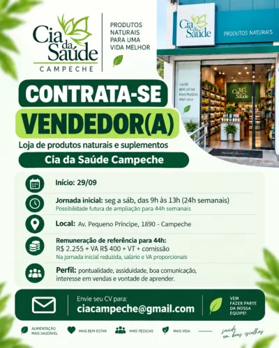 Vendedor (a) para Loja de Produtos Naturais - Campeche