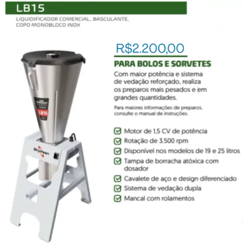 Liquidificador Industrial Skymsen LB15 - 15L (Novo/Lacrado) - 220V