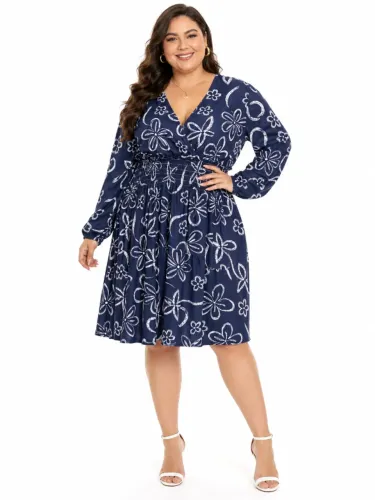 Vestido Plus Size G2 Floral Manga Longa Decote V Moda Feminina Elegante