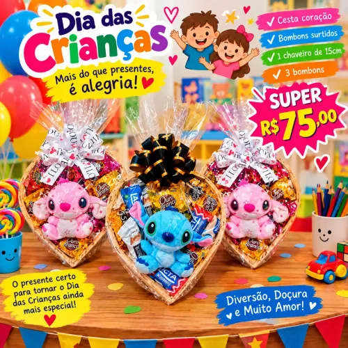 Cesta de bombom coração stich