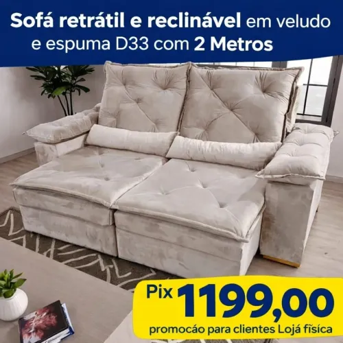 Sofá retrátil e Reclinável D33 15 cm espuma largura 2 mt veludo promoção Loja fisica
