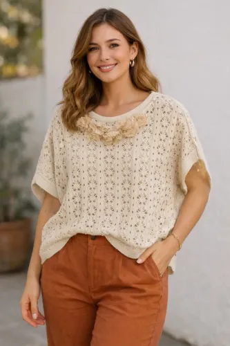 Bata Júlia Tricô com colar renda e pérolas fixo