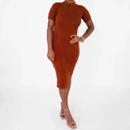 Vestido canelado Marrom Tamanho M Longo Tubinho