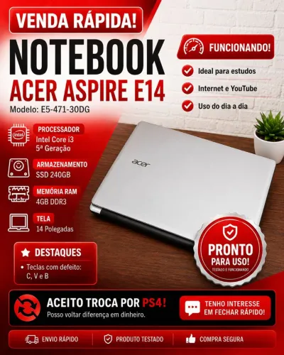 Notebook Acer Aspire E14 SSD 240GB i3 + Troco por game