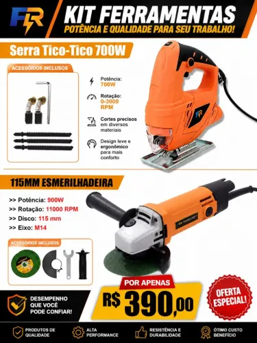 Kit Esmerilhadeira lixadeira de 4.1/2 900 watts e serra tico tico 700 watts