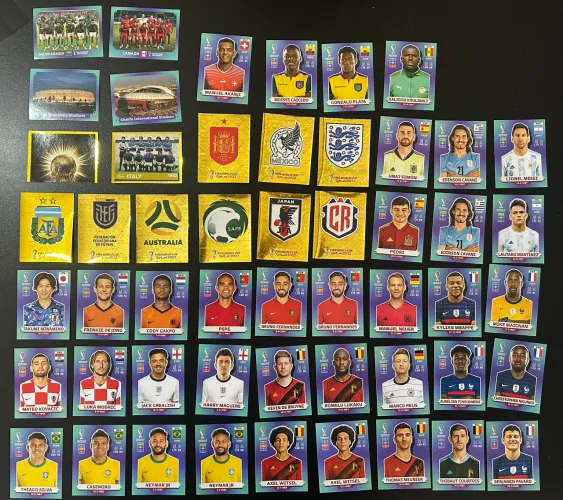 Figurinhas copa 2022 - lote de craques (neymar, messi, mbappé), escudos, equipes e fwc