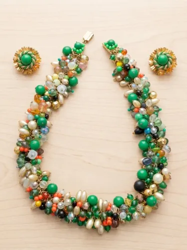Conjunto Vintage Colar + Brincos De Pressão Anos 60 Verde