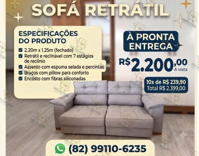 Sofá Retrátil e Reclinável 2.20m à pronta entrega