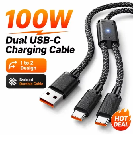 Cabo Carregamento 100W Duplo Premium Trançado 1 USB + 2 Tipo C 6A Carga Rápida 2 aparelhos