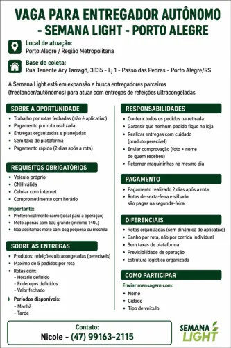 VAGA PARA ENTREGADOR FRELANCER- SEMANA LIGHT - PORTO ALEGRE