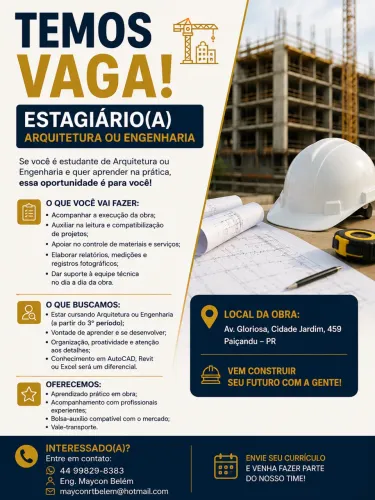 Vaga de estágio em Engenharia ou Arquitetura