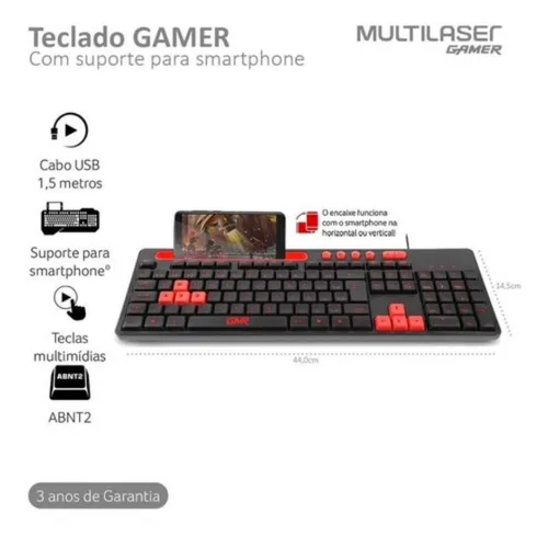 Teclado Gamer Multilaser Vermelha Com Apoio Para Telefone