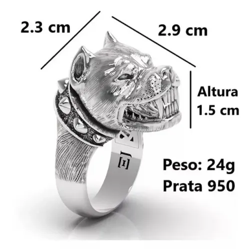 Pingente + anel Pitbull 3D prata maciça 950