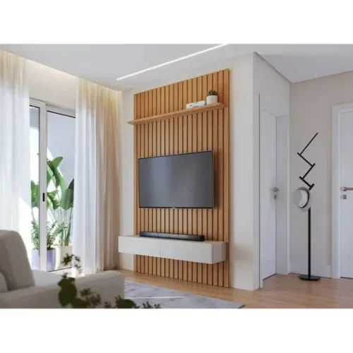 Painel Ripado 141m para Tv até 65 Polegadas com Nicho 02 Gavetas Suspensa Freijó Off White