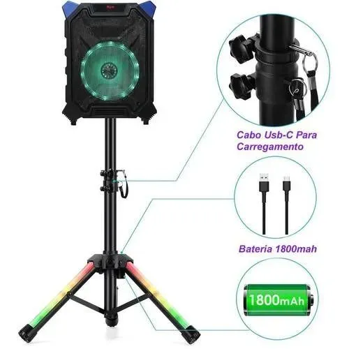  Tripé Profissional para Caixa de Som com LED RGB, Bateria Interna e Sensor de Música