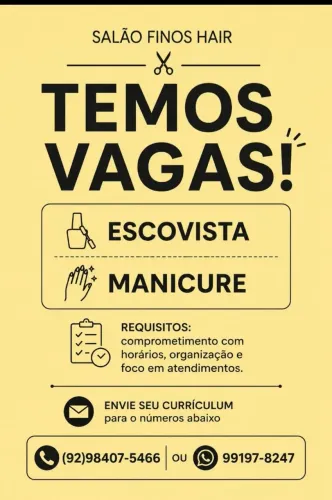 Vagas de manicure e escovista