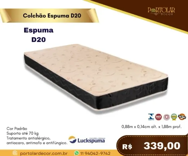 Colchão espuma D20 a pronta entrega