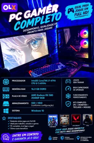 ? PC GAMER COMPLETO i7 + RX 580 8GB | 16GB RAM | SSD 480GB | PRONTO PRA JOGAR!