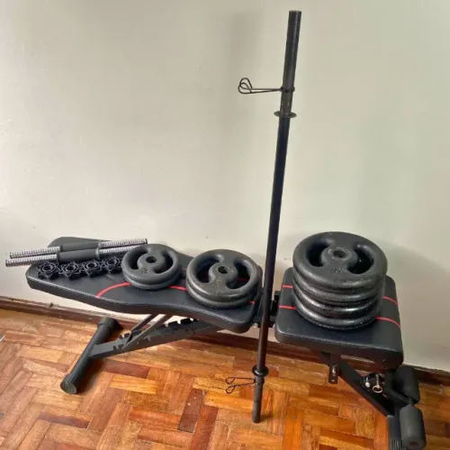 Kit Academia 56kg Anilhas + Barra + Banco + Halteres